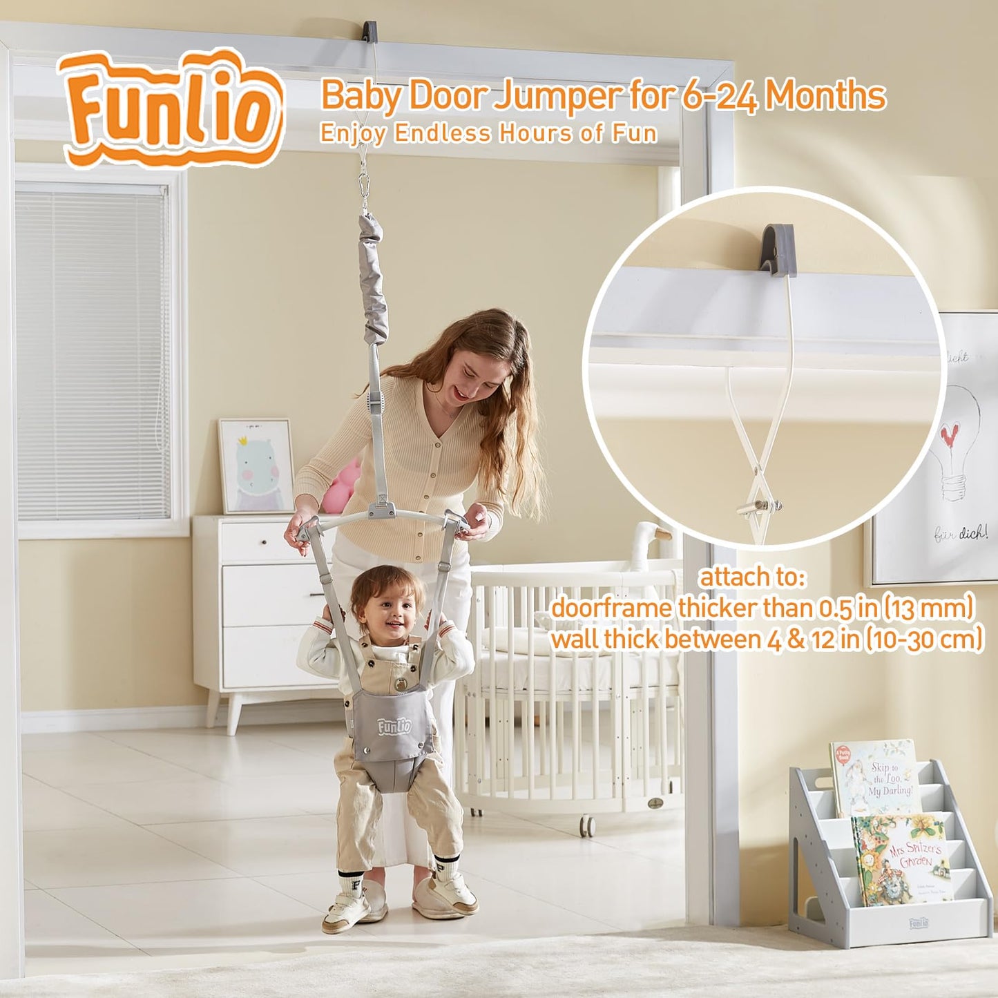 FUNLIO beebitürhopser 6–24 kuud, hall, kuni 18 kg, uksekinnitusega