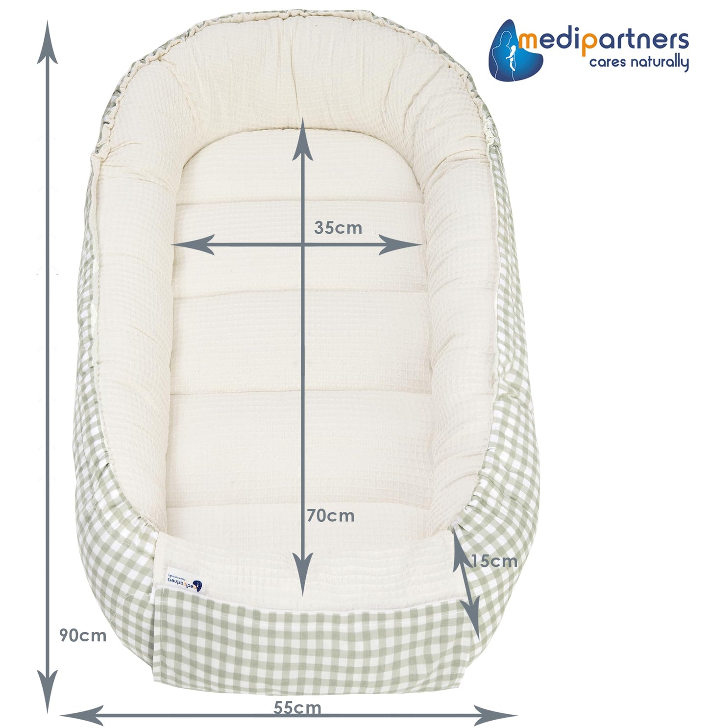 Medi Partners beebipesa 100 × 60 cm – puuvillane kookon, Grid with Olive Waffle