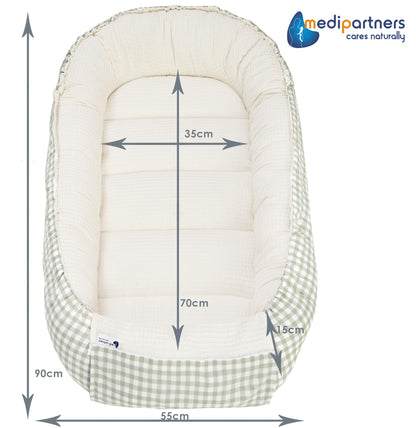 Medi Partners beebipesa 100 × 60 cm – puuvillane kookon, Grid with Olive Waffle