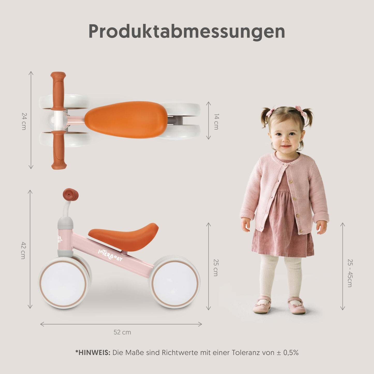Interbaby jooksuratas beebidele 12-36 kuud, roosa, 4 rattaga