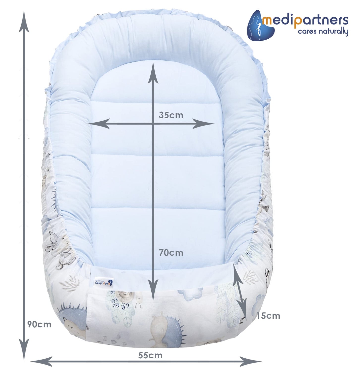 Medi Partners beebipesa 5-osaline komplekt, 100×60×15 cm – hirved ja siilid, sinise plüüsiga