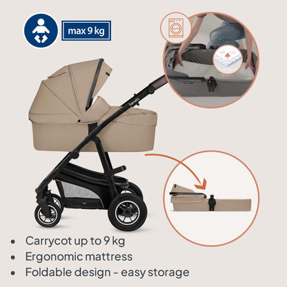 Lionelo Bianka 3-in-1 vankrikomplekt õhkrehvidega– Beige Sand