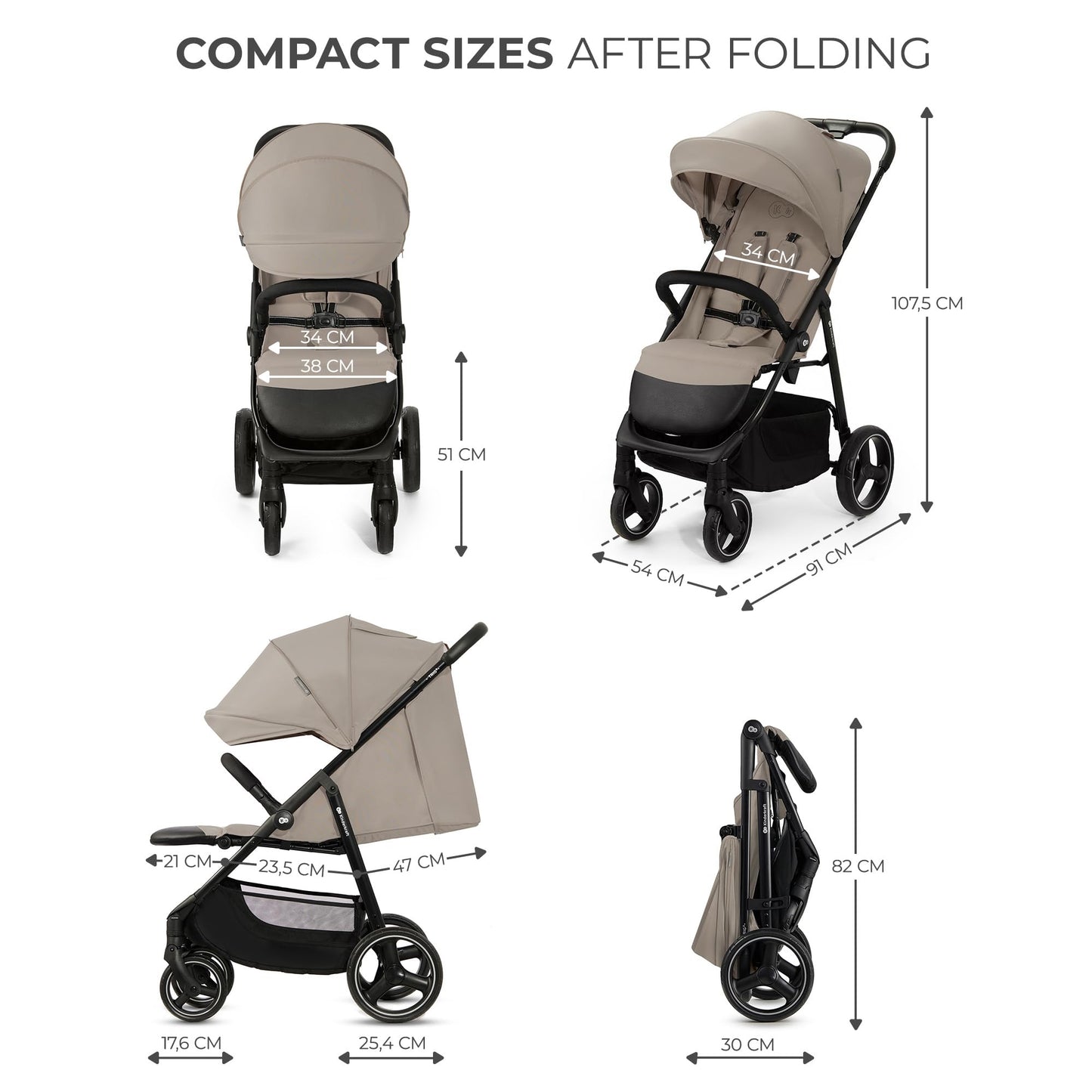 Kinderkraft TRIG 3 kerge jalutuskäru kuni 25 kg, ühe käega kokkupandav, beež
