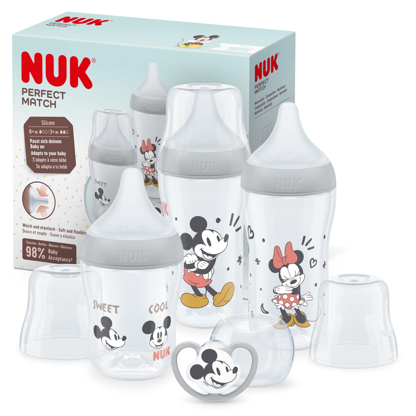 NUK Perfect Match pudelikomplekt + lutt, 0–6+ kuud, Mickey Mouse, 4-osaline