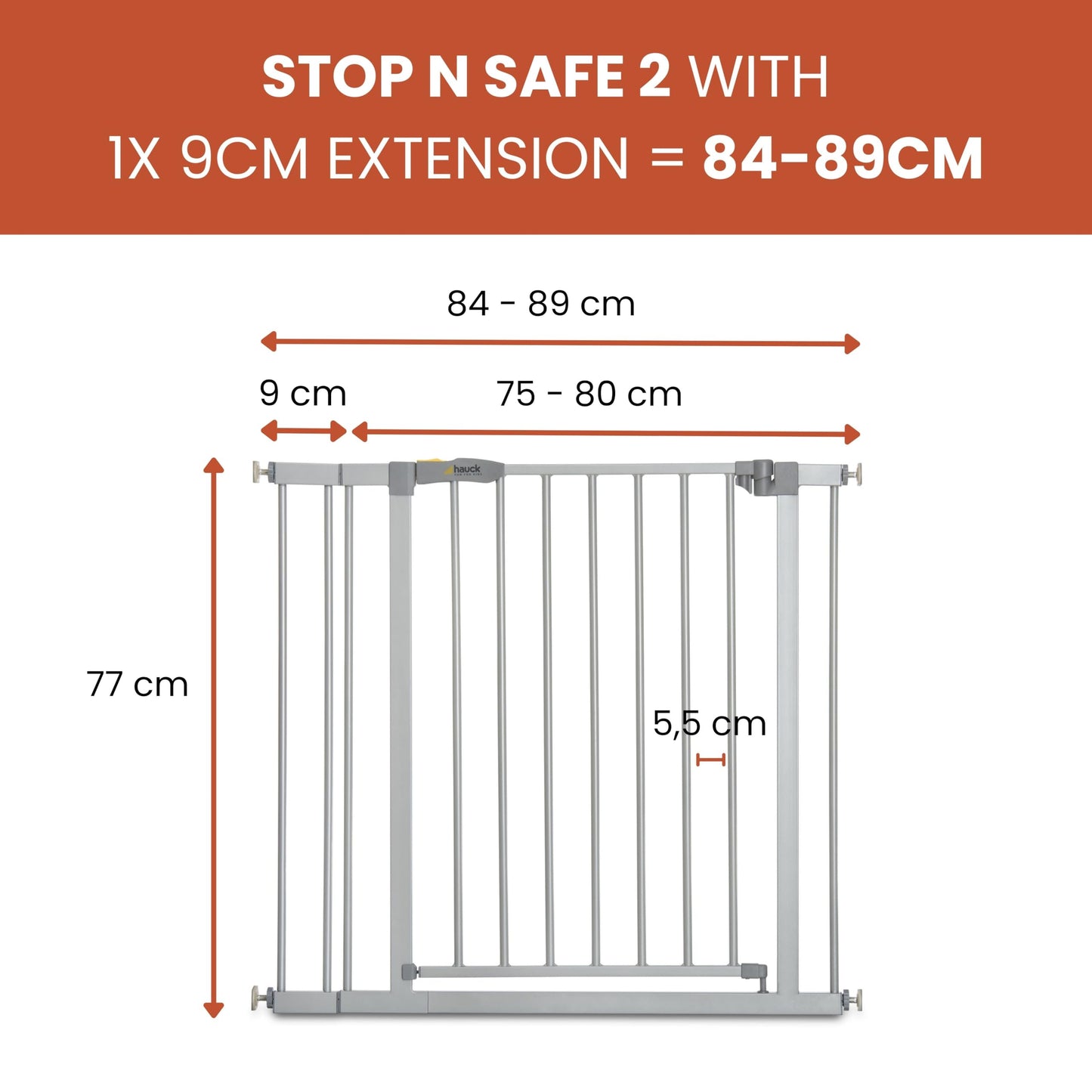hauck Stop N Safe 2 turvavärav 9 cm laiendusega, 84–89 cm, hõbedane