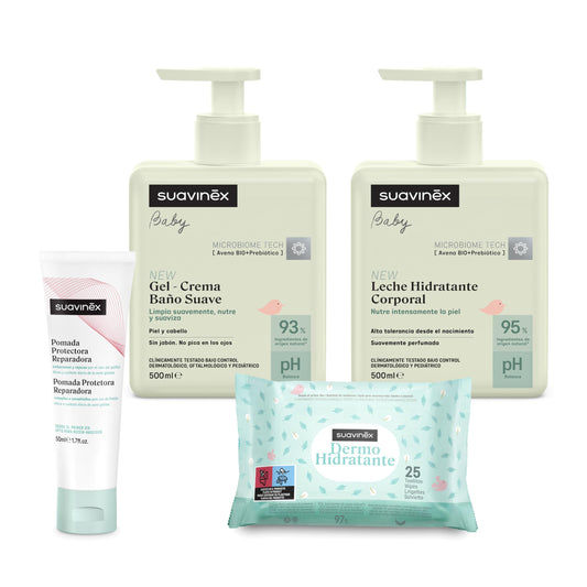 Suavinex beebihoolduse komplekt tundlikule nahale, 3 toodet (geel-šampoon 500 ml, kehapiim 500 ml, niisked salvrätid 25 tk)