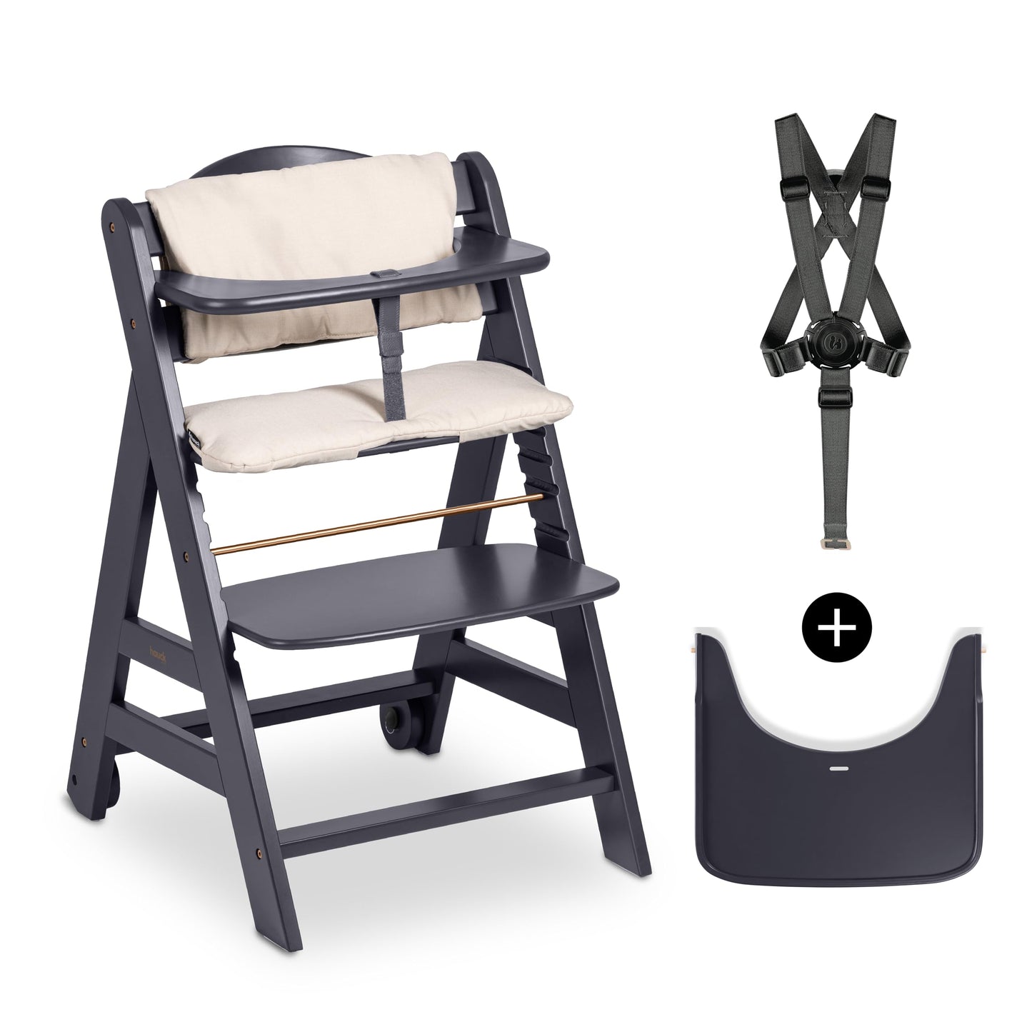 Hauck Beta+ puidust söögitoolide komplekt rataste ja kandikuga (kuni 90 kg)