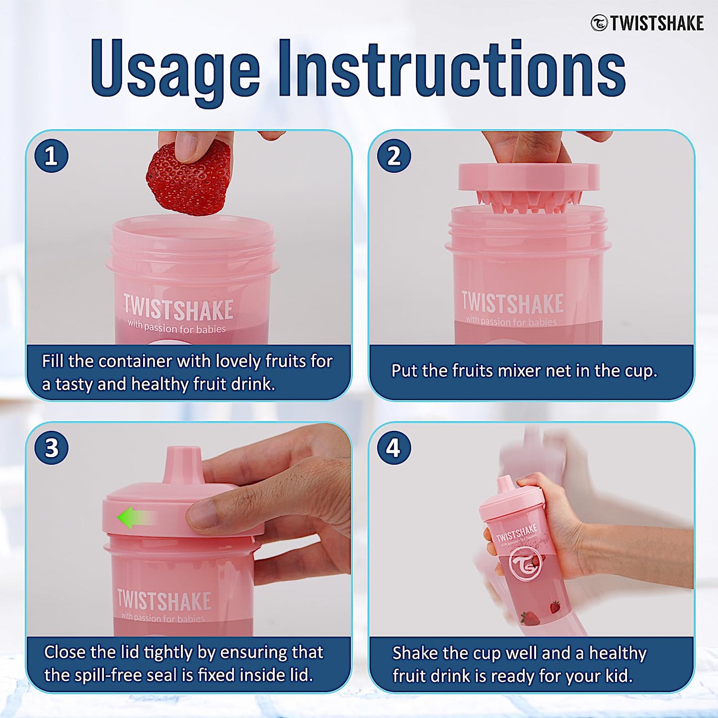 Twistshake Kid Cup lekkekindel joogipudel puuviljasegajaga 360 ml – roosa