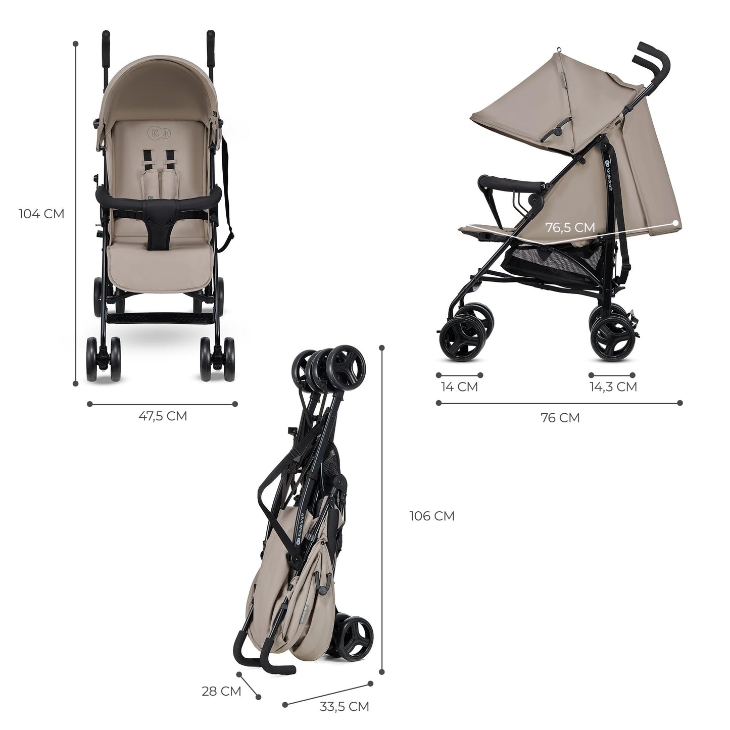 Kinderkraft TIK kergkäru, beež, 6,5 kg, kuni 17 kg, kokkupandav, pöörlevate esiratastega
