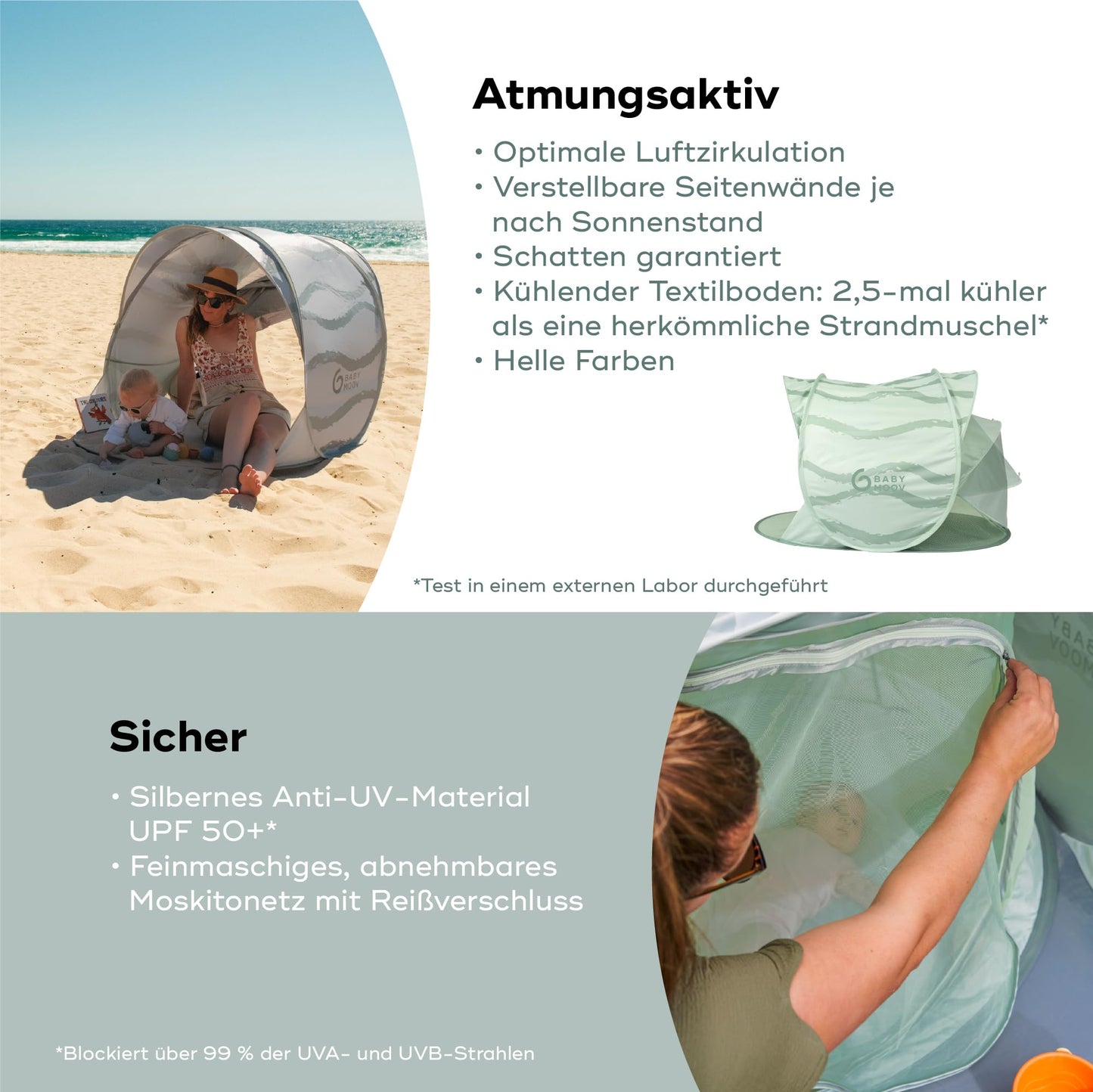 Babymoov rannatelk Moov & Protect UV 50+ pop-up, roheline, 91 x 150 x 109 cm