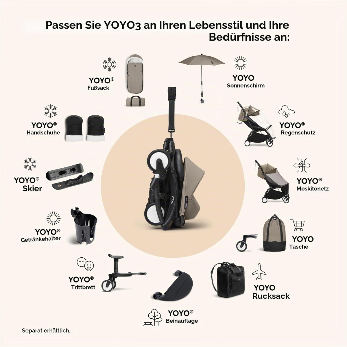 Stokke YOYO3 kergkäru/jalutuskäru, 6+ kuud, valge raam, Taupe kangad + vihmakile