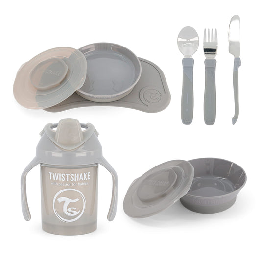 Twistshake beebi sööginõude komplekt Click Mat Mini ja roostevabast terasest söögiriistadega, hall