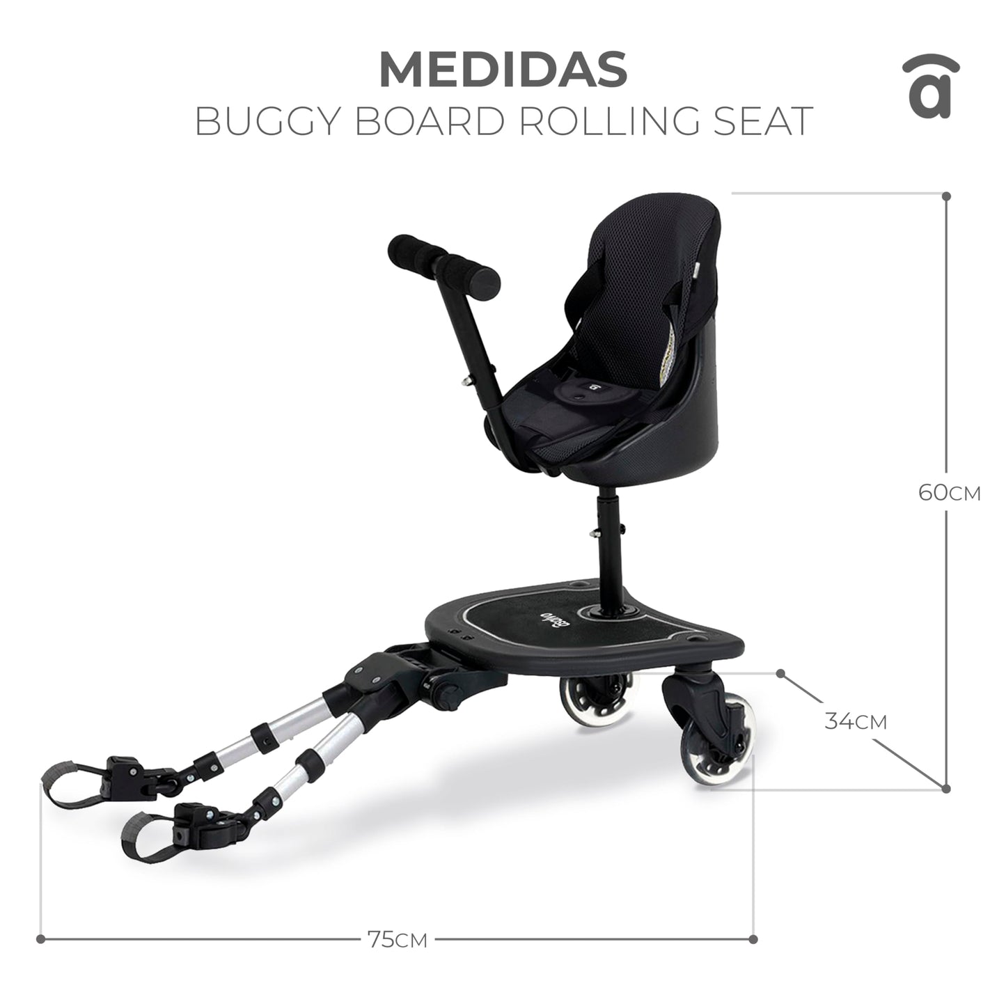 Asalvo Roller Buggy Board seisulaud istmega vankrile, värvilised rattad, kuni 25 kg