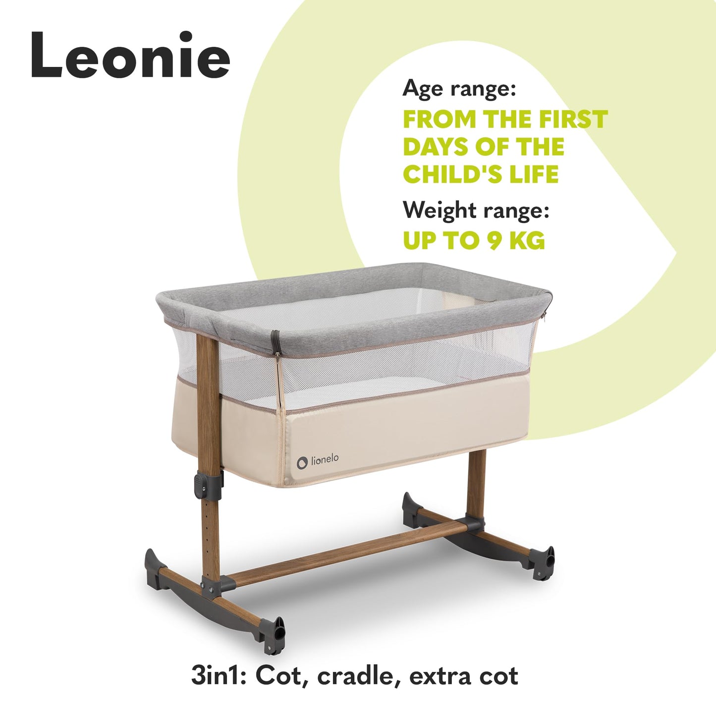 Lionelo Leonie 3-in-1 vooditasku, 0–6 kuud, kuni 9 kg, reguleeritav kõrgus ja kallutus, Beige