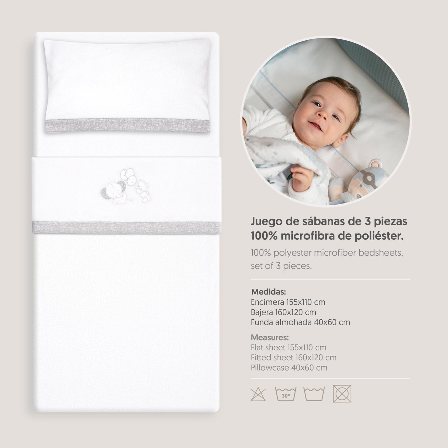 Interbaby voodipesukomplekt beebivoodile 60 x 120 cm, valge/hall