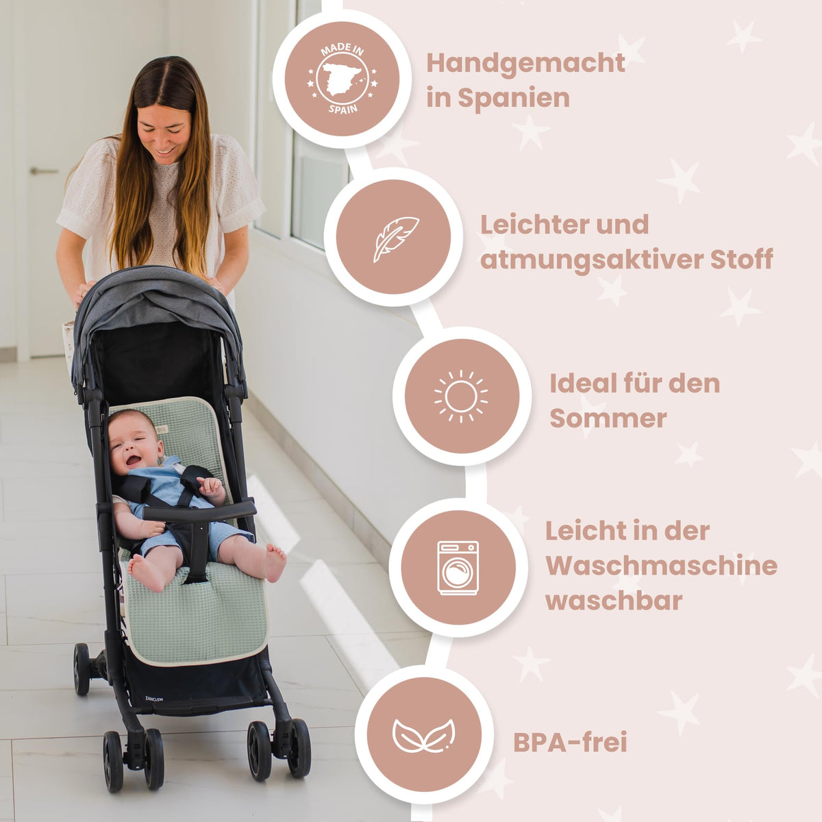 MIMUSELINA universaali vaunujen istuinpehmuste Waffle Mint, 34 × 84 cm