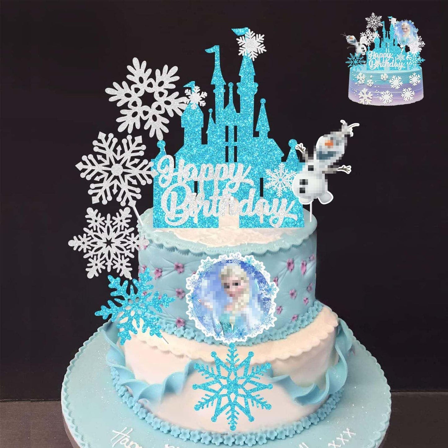 Dinghaole „Frozen” tordikaunistused tüdrukutele, 8 tk – lumehelbe teemaline sünnipäevakomplekt