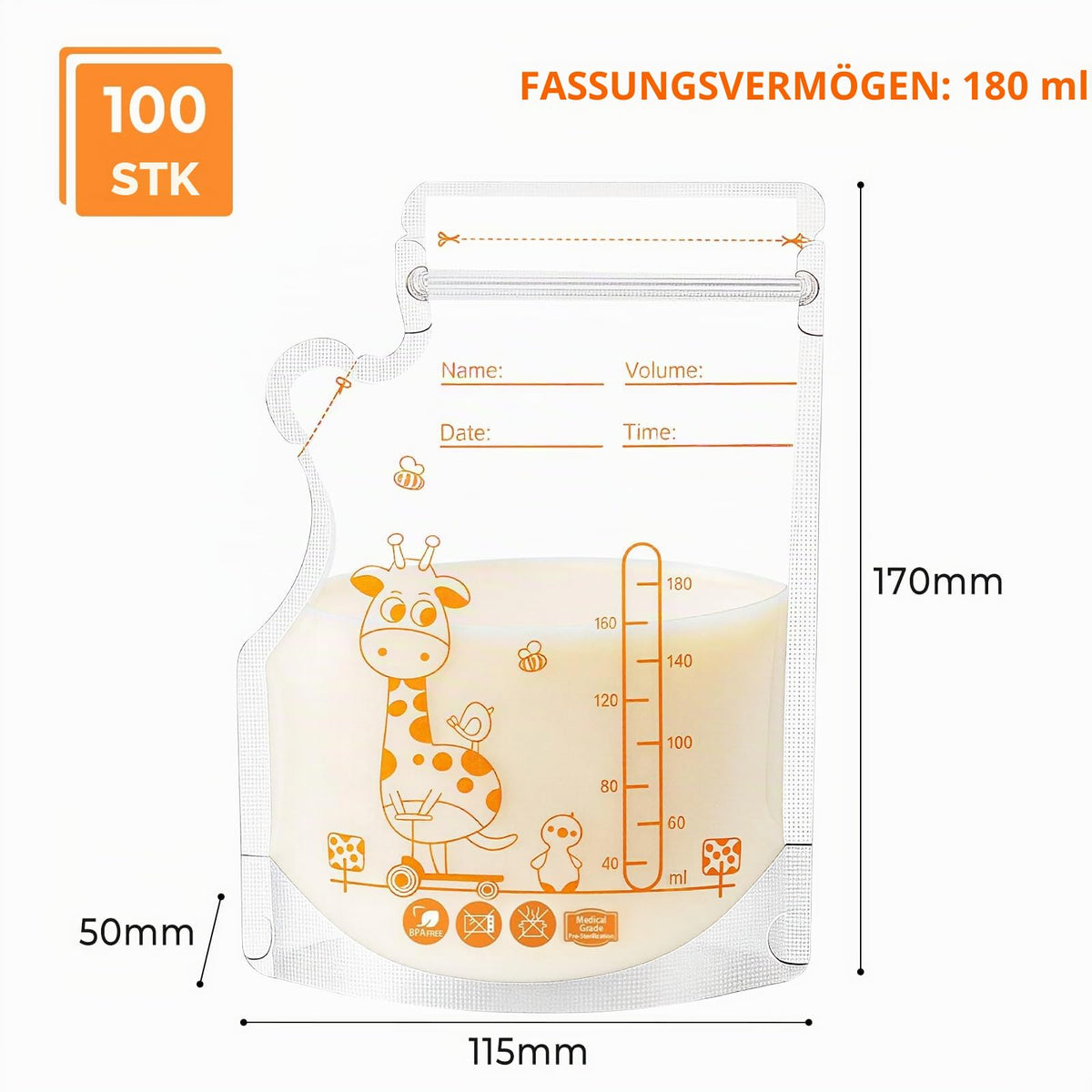 Oderra rinnapiima säilituskotid 100 tk, 180 ml, eelsteriliseeritud, kollane