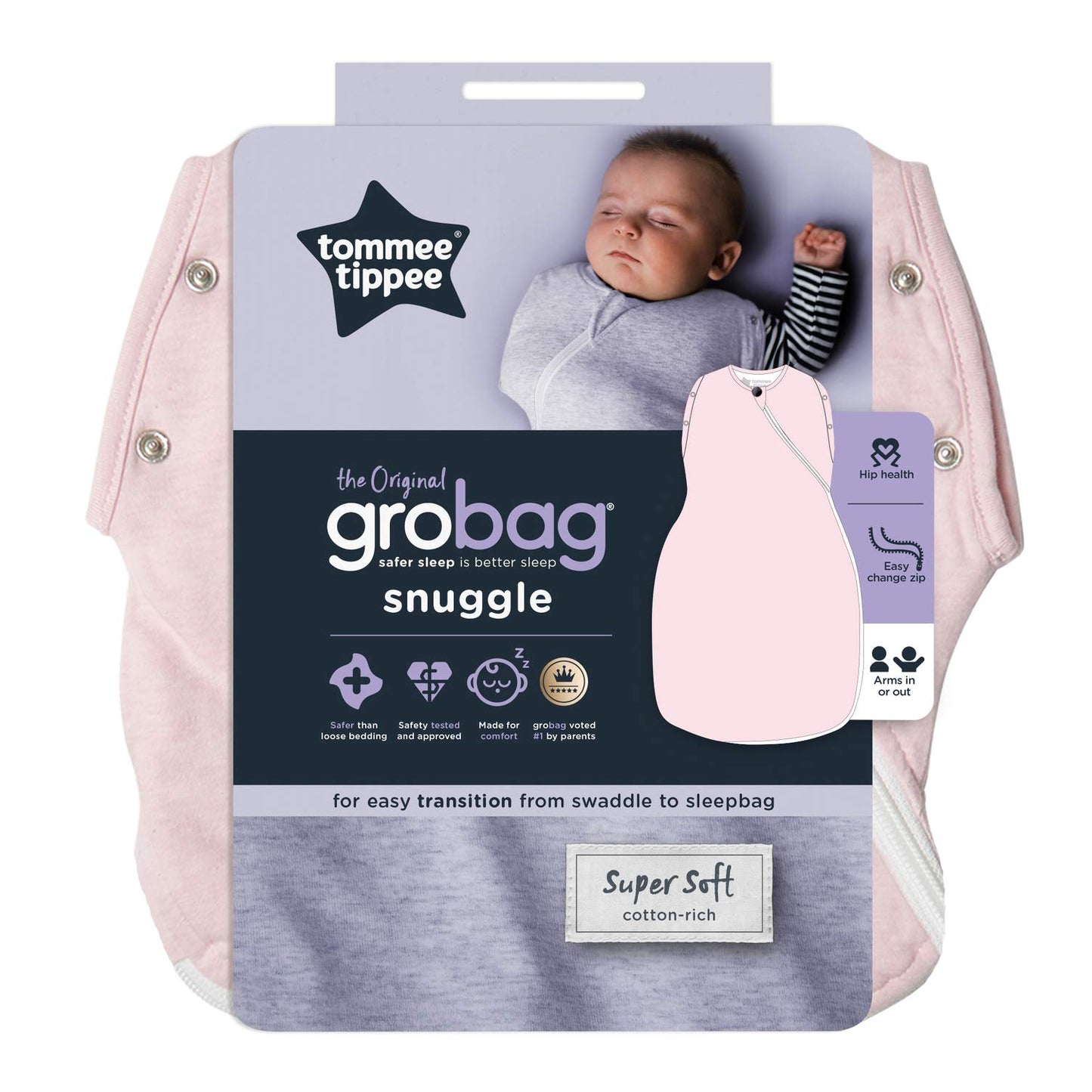 Tommee Tippee Grobag Snuggle beebi magamiskott 0–4 kuud, 2.5 TOG, roosa