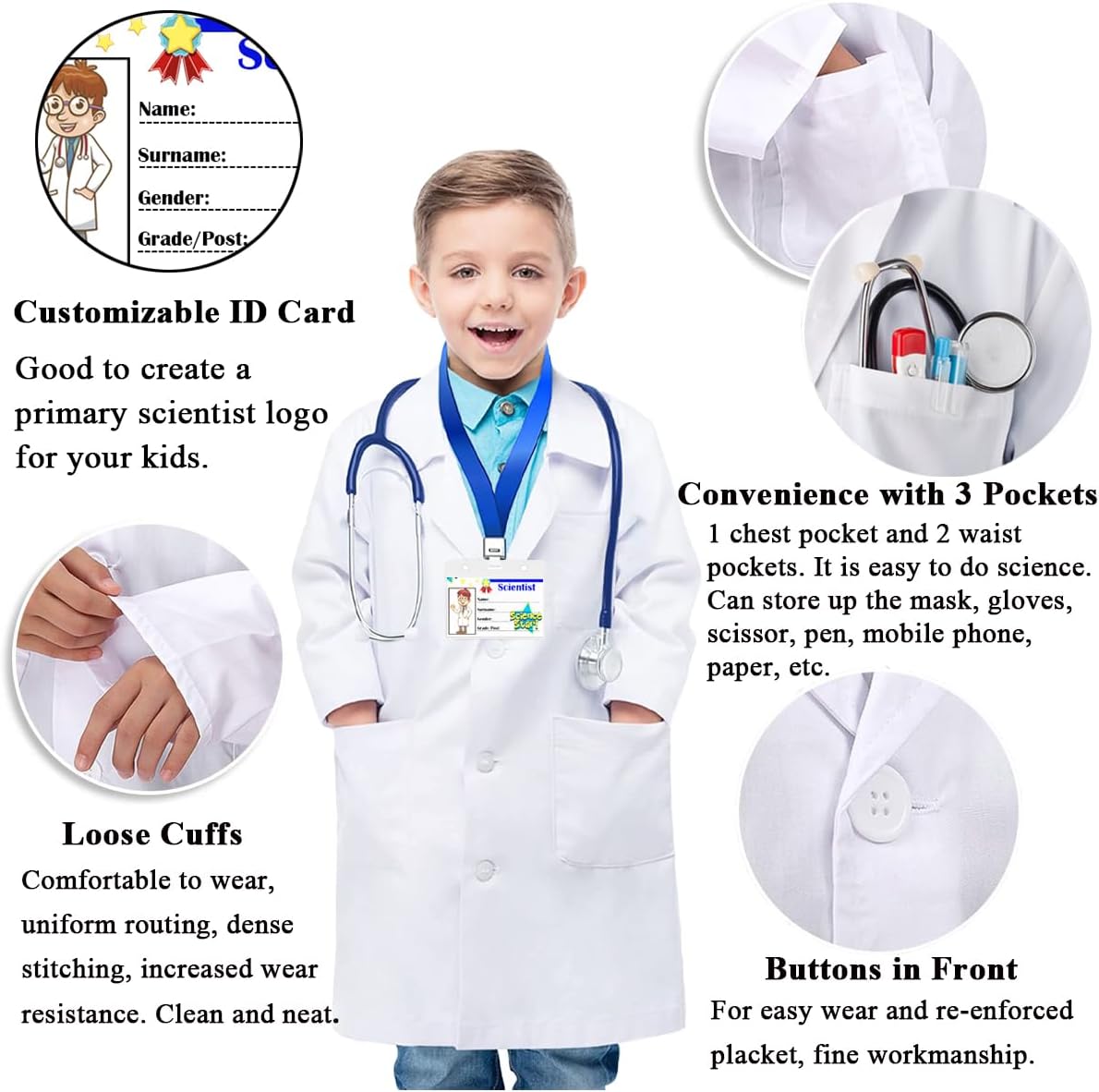 CoatCool laste teadlase kostüüm, valge laborikitliga, 140-150cm