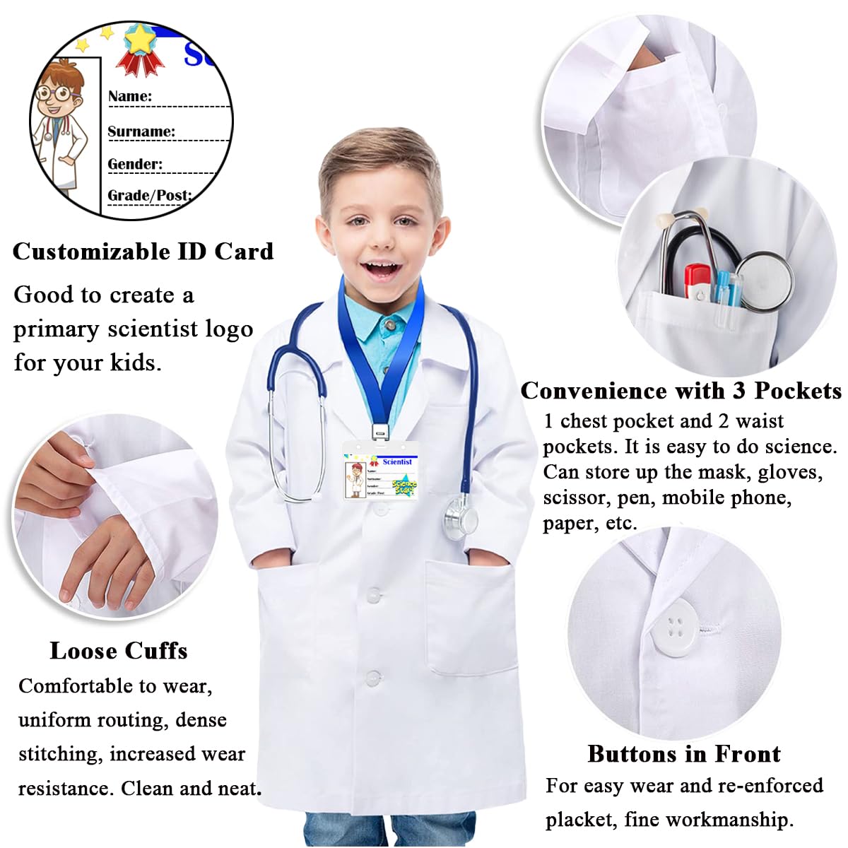 CoatCool laste teadlase kostüüm, valge laborikitliga, 140-150cm