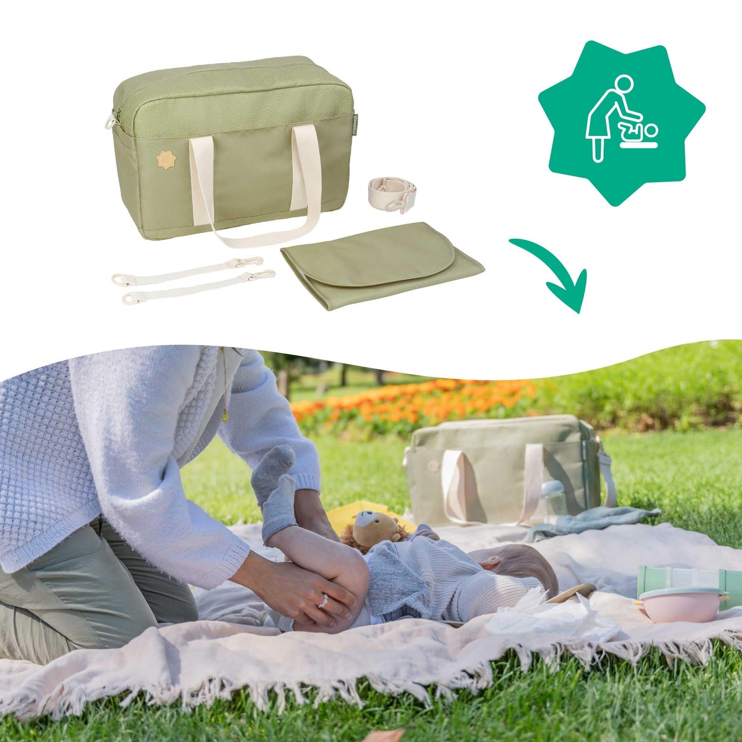 Badabulle beebitarvete kott koos mähkimisalusega, 20 L, Olive