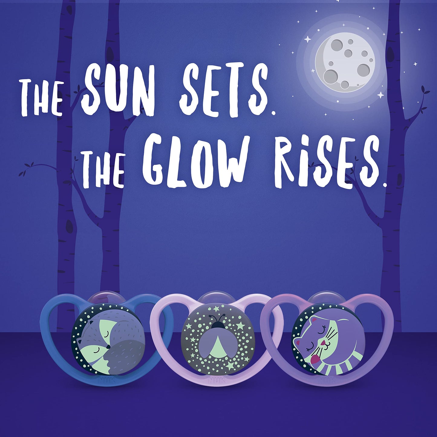 NUK Space Day & Night lutt 6–18 kuud, silikoon, pimedas helendav, 4 tk (loomad)