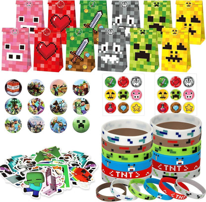 Minecrafti teemaline laste sünnipäeva peo tarvikute komplekt, 110-osaline (kleebised, ajutised tätoveeringud, võtmehoidjad, silikoonkäevõrud)
