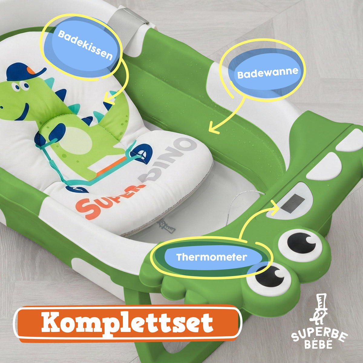 SUPERBE BEBE kokoontaitettava vauvakylpyamme lämpömittarilla ja kylpytyynyllä, vihreä, syntymästä 3 vuoden ikään