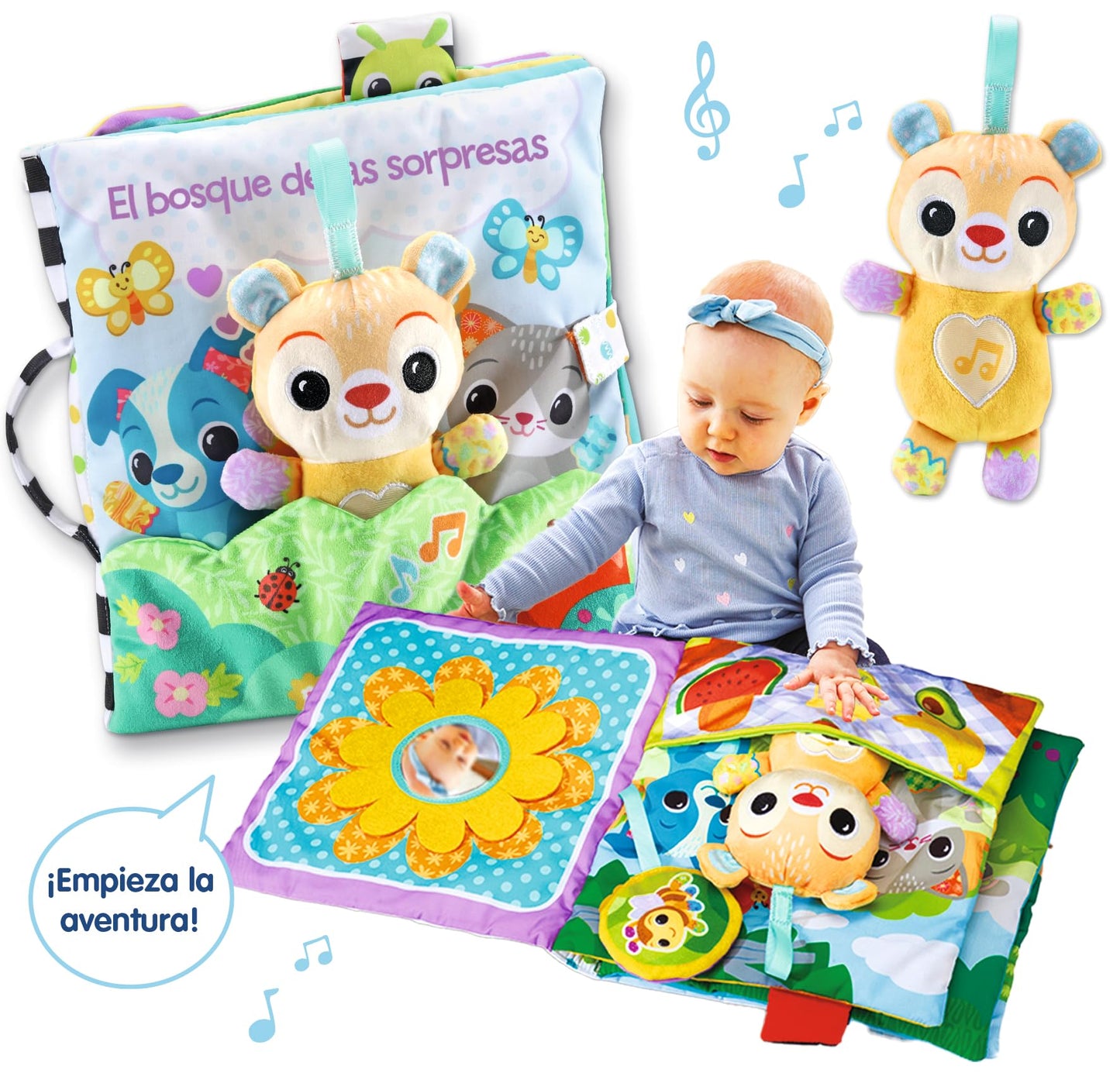 VTech Baby sensoorne riidest raamat „Üllatuste mets“, interaktiivne, 3+ kuud (hispaaniakeelne)