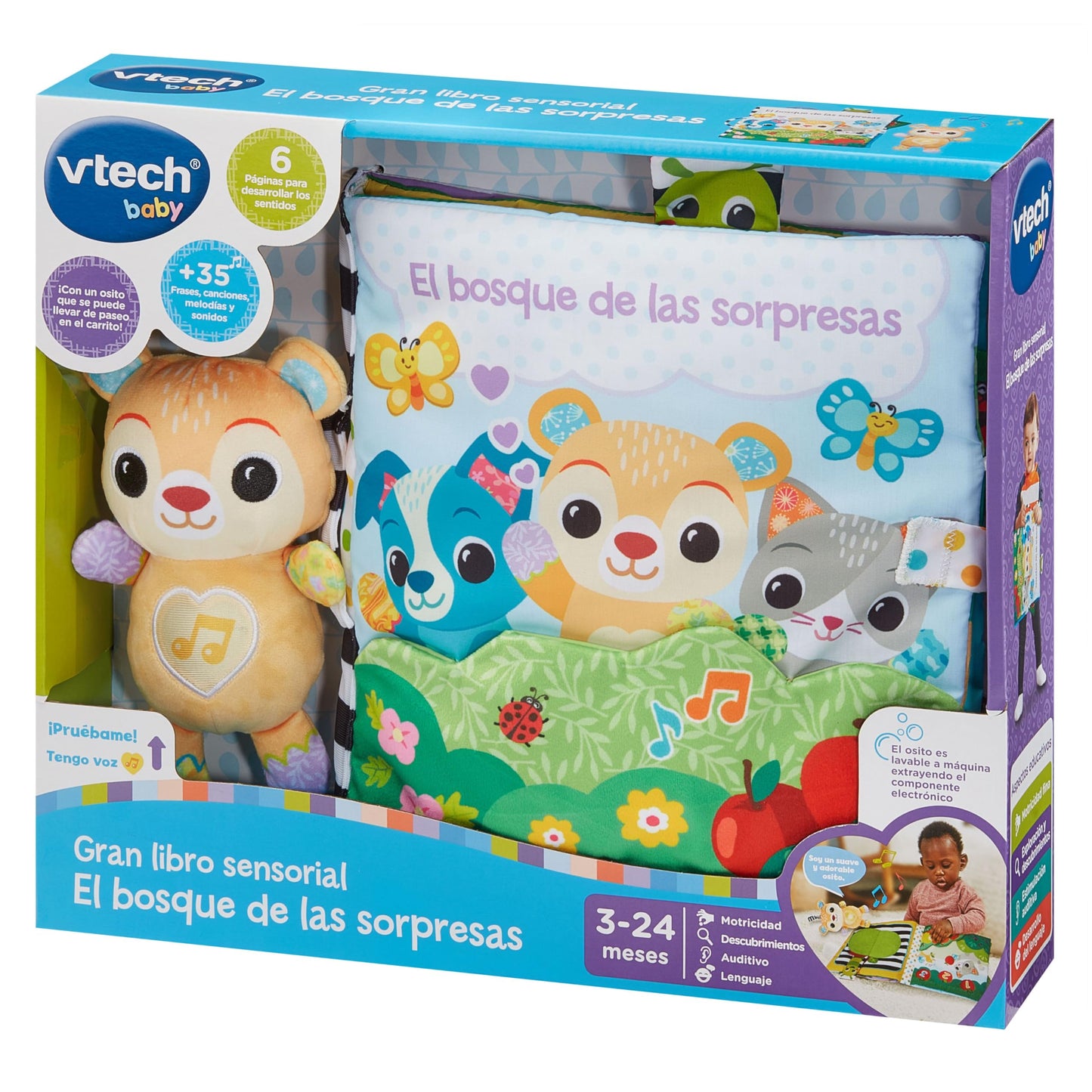 VTech Baby sensoorne riidest raamat „Üllatuste mets“, interaktiivne, 3+ kuud (hispaaniakeelne)