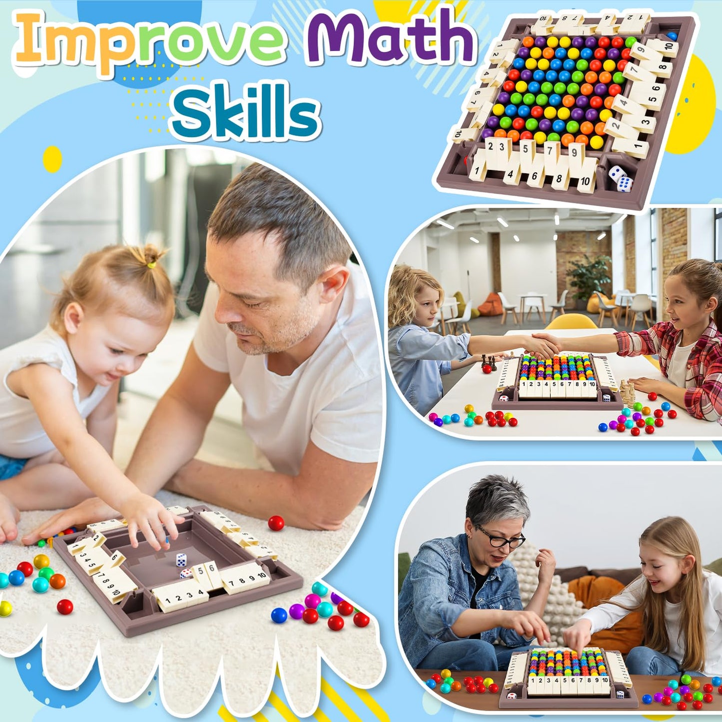 Yizemay 2-in-1 lauamäng “Shut The Box” ja vikerkaarehelmeste mäng