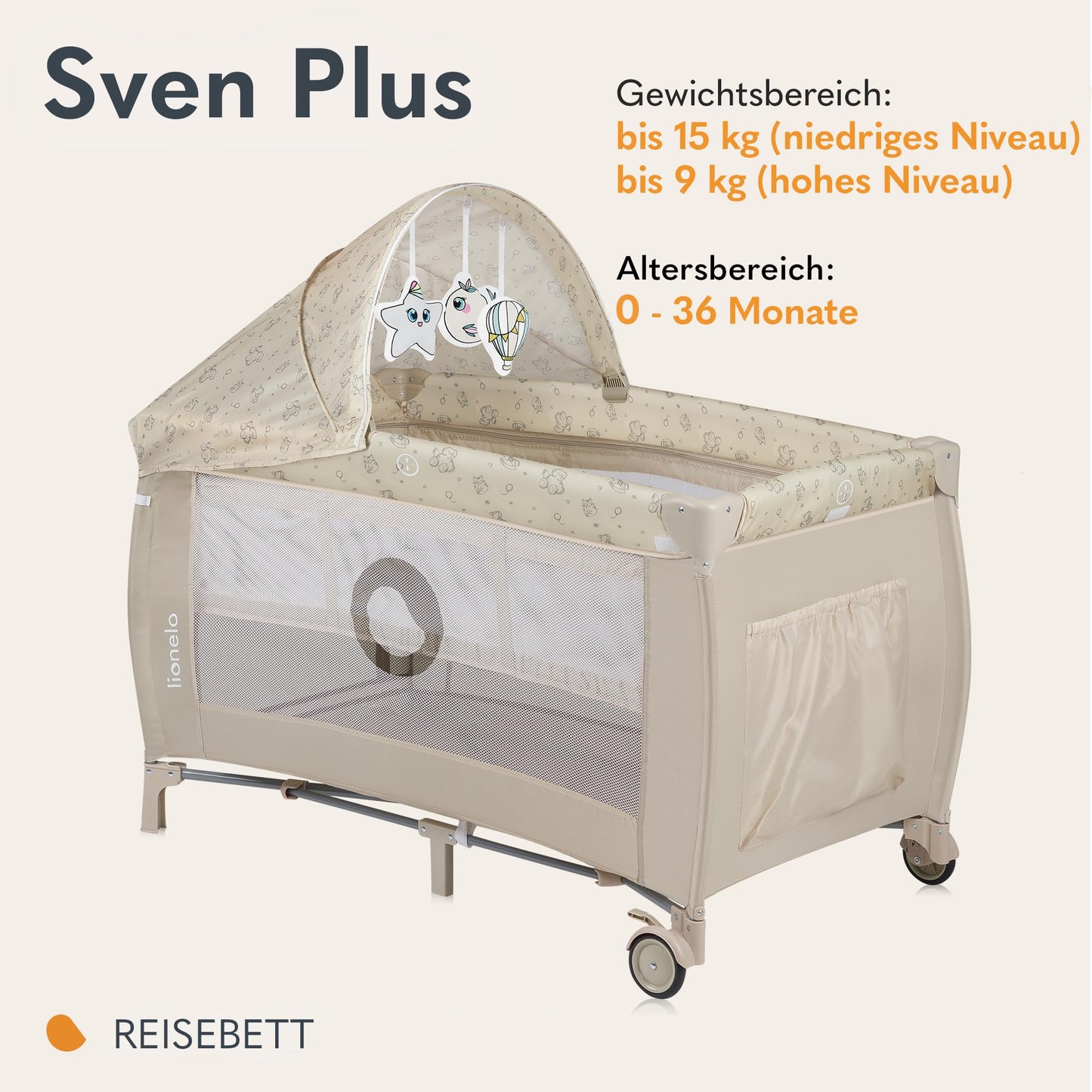 Lionelo Sven Plus 4-ühes reisivoodi beebile, Beige Latte