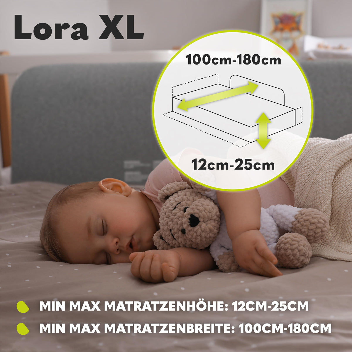 Lionelo Lora XL sängynlaita, harmaa, 45 x 150 cm