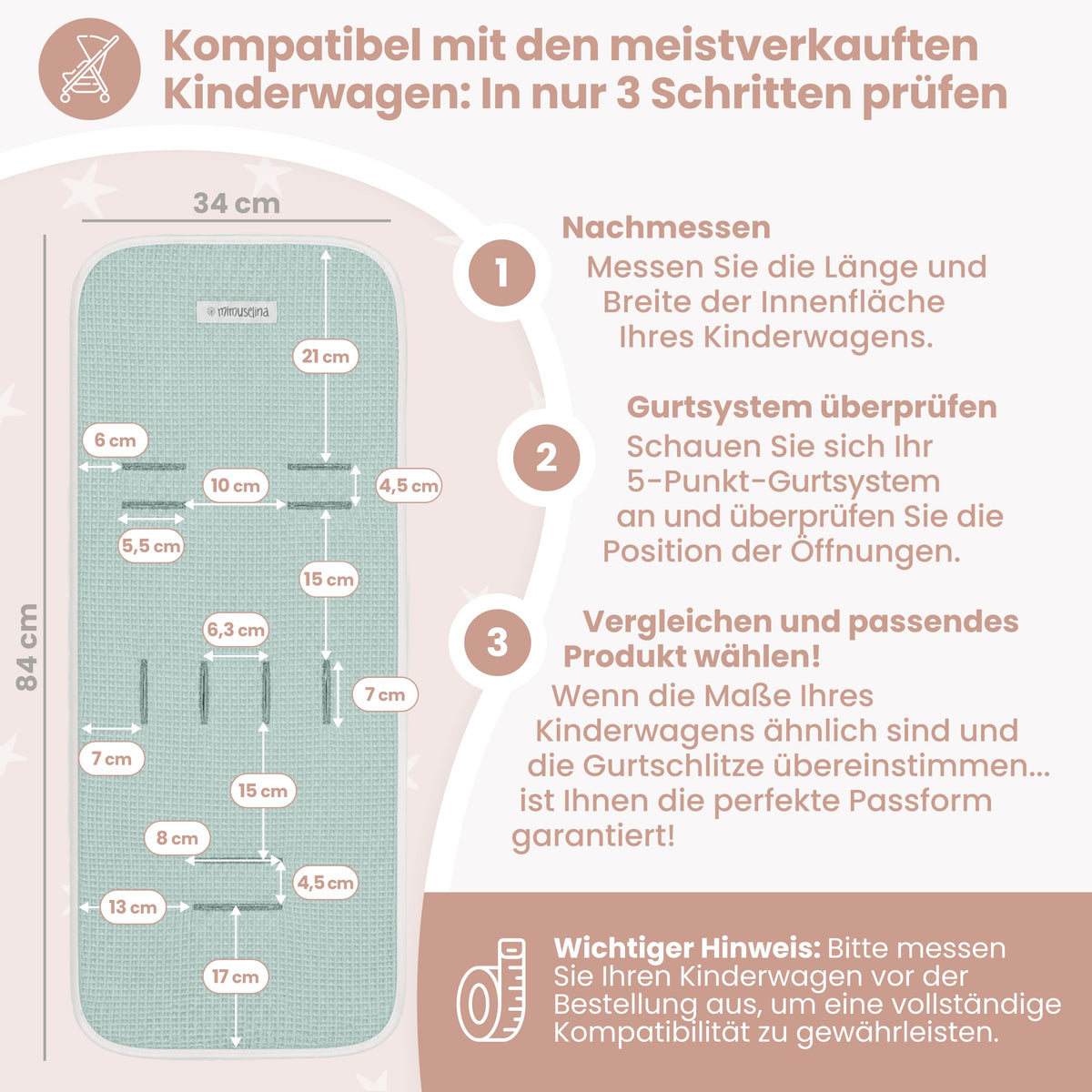 MIMUSELINA universaali vaunujen istuinpehmuste Waffle Mint, 34 × 84 cm