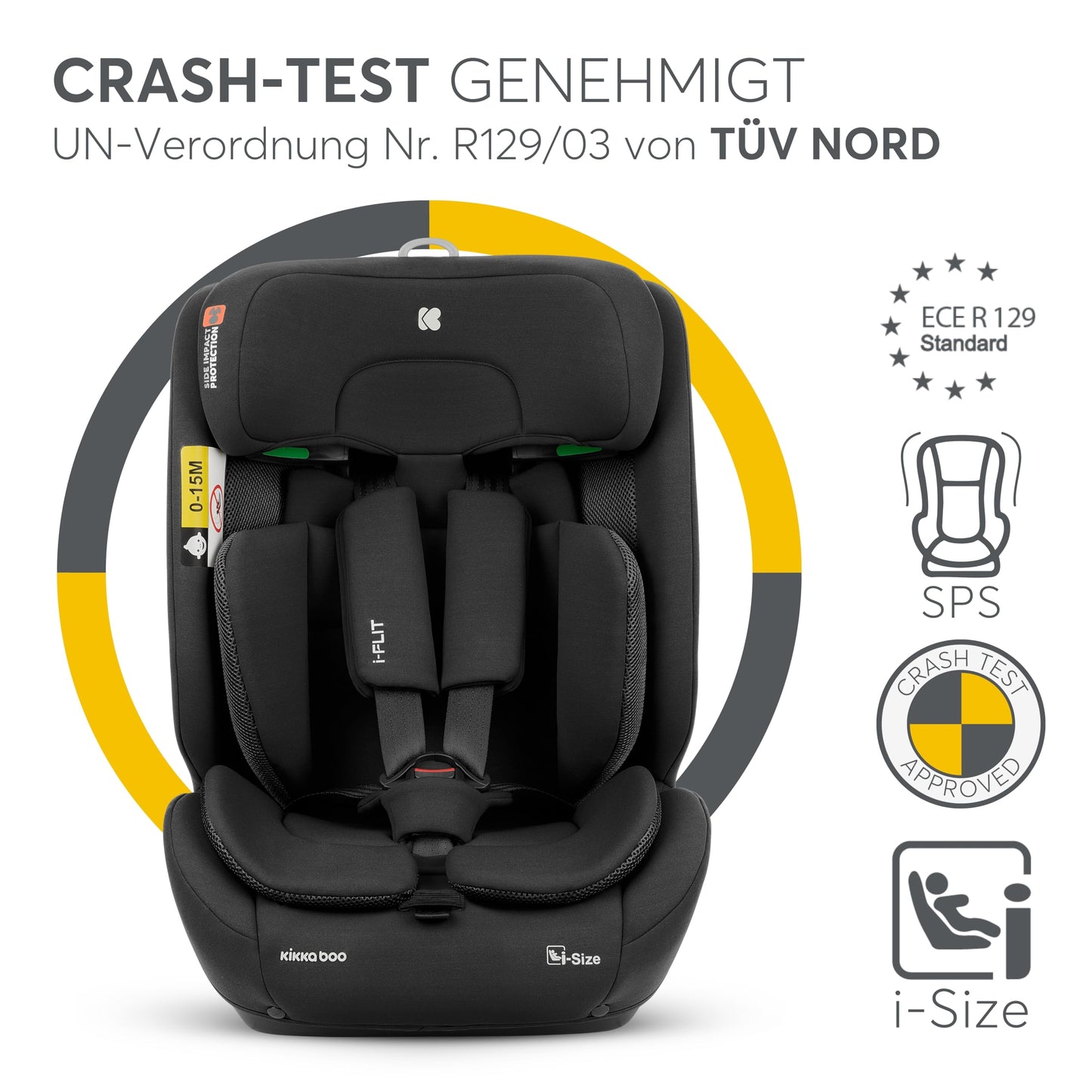 KikkaBoo i-Size i-FLIT turvatool 76–150 cm, ISOFIX, grupp 1/2/3, must
