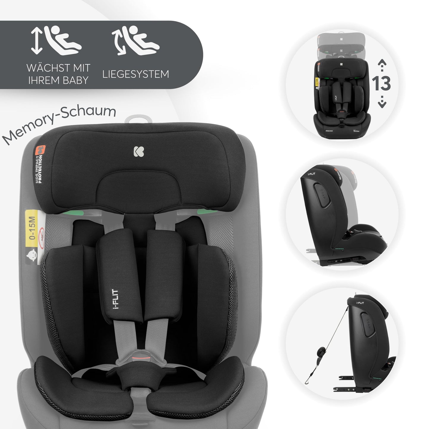 KikkaBoo i-Size i-FLIT turvatool 76–150 cm, ISOFIX, grupp 1/2/3, must