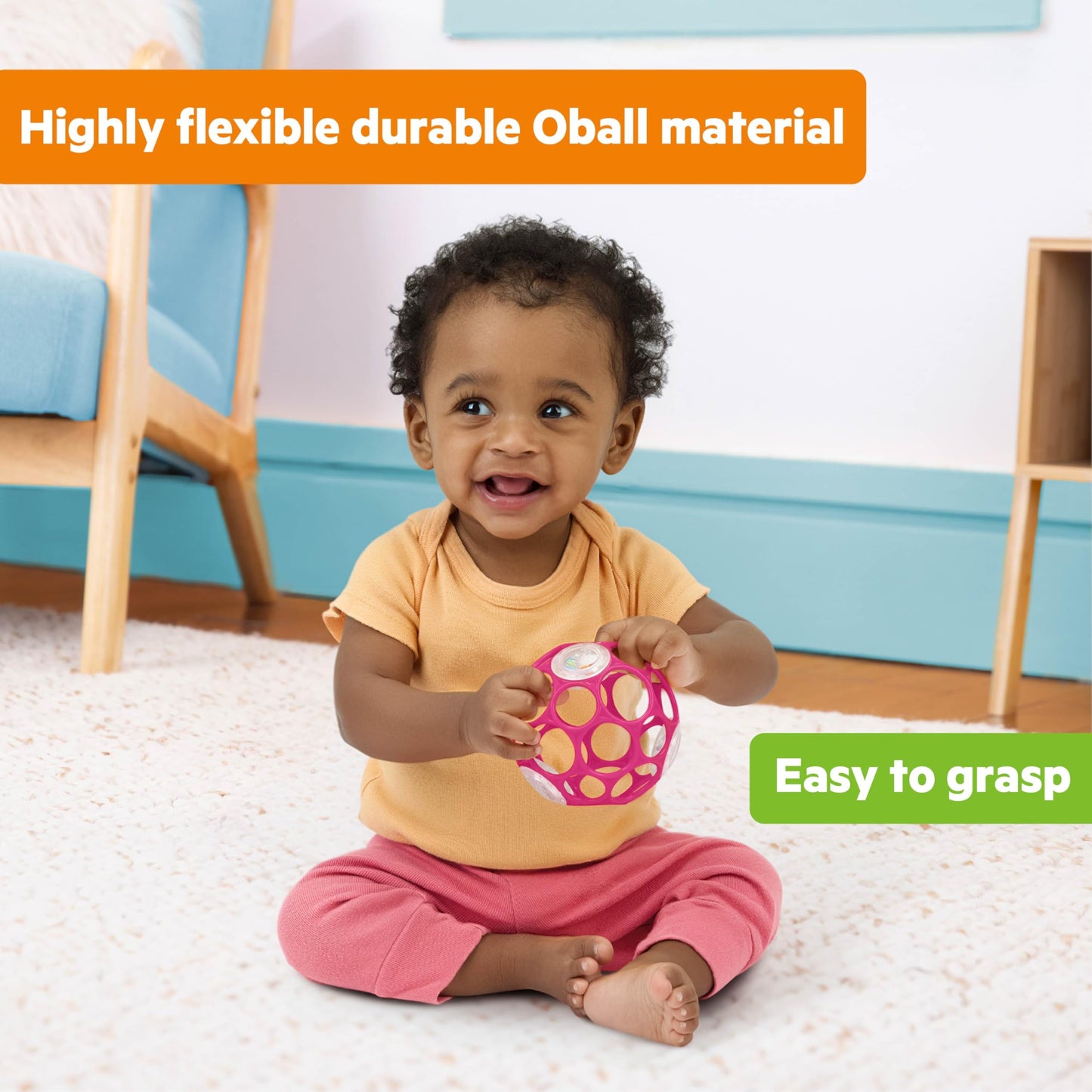Bright Starts Oball Easy-Grasp kõristipall beebile, roosa