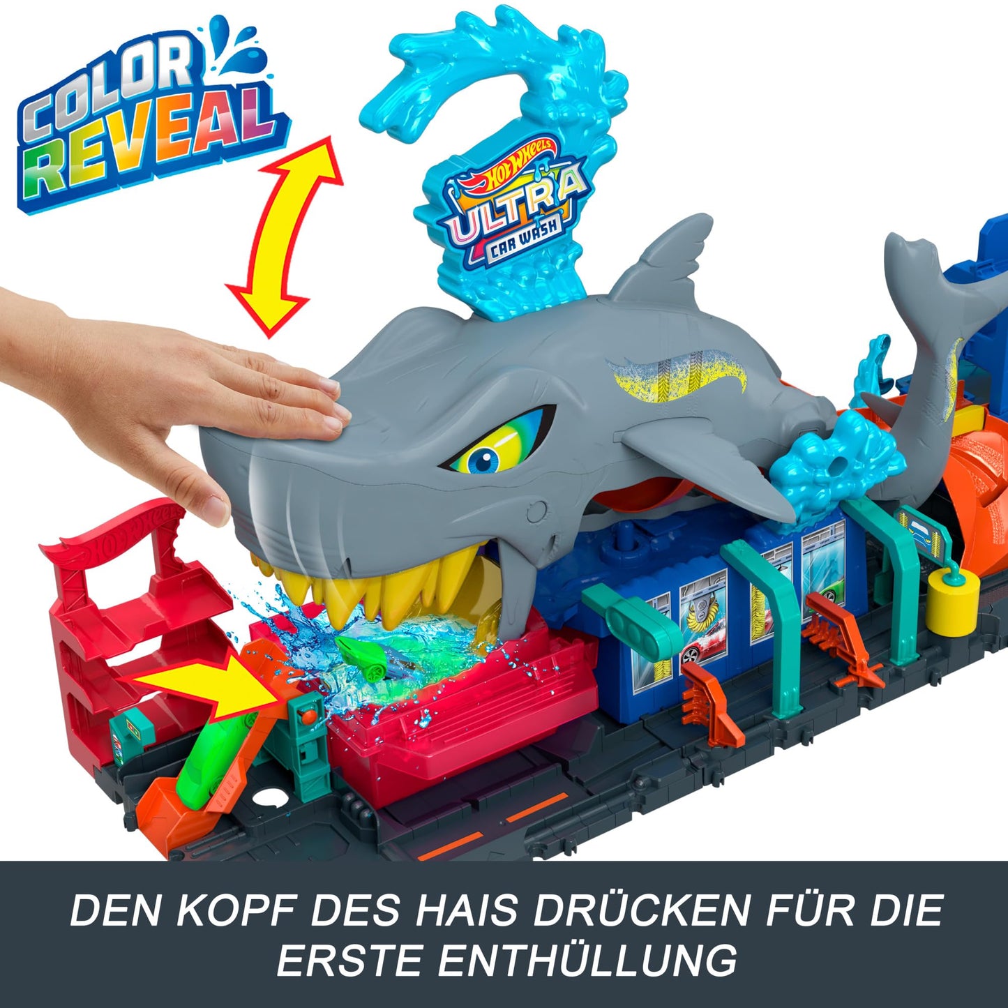 Hot Wheels City Let's Race – hai-teemaline värvimuutev autopesula, 1:64 auto ja veemängu funktsioonidega (HTN82)