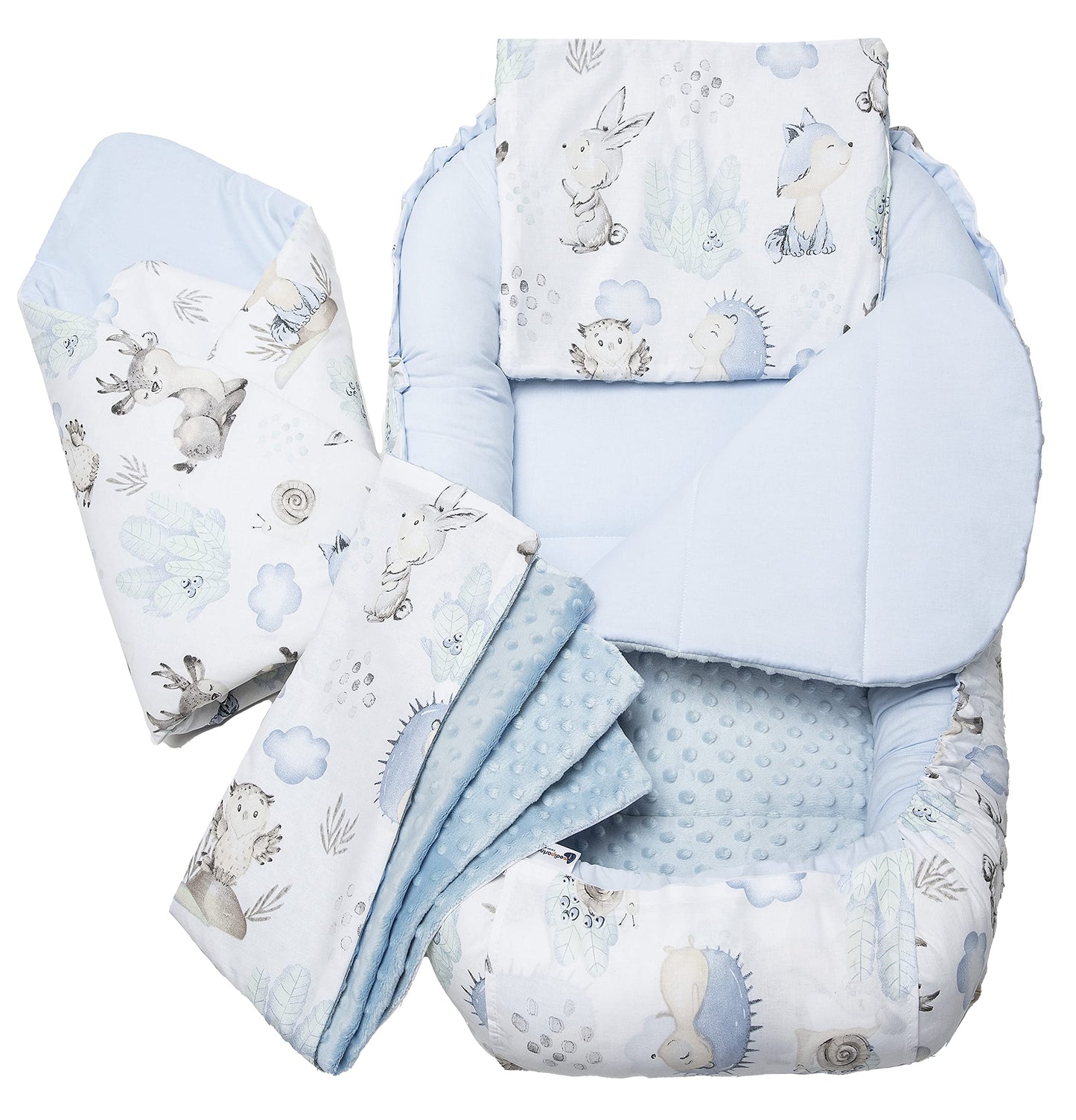 Medi Partners beebipesa 5-osaline komplekt, 100×60×15 cm – hirved ja siilid, sinise plüüsiga