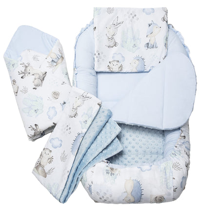 Medi Partners beebipesa 5-osaline komplekt, 100×60×15 cm – hirved ja siilid, sinise plüüsiga