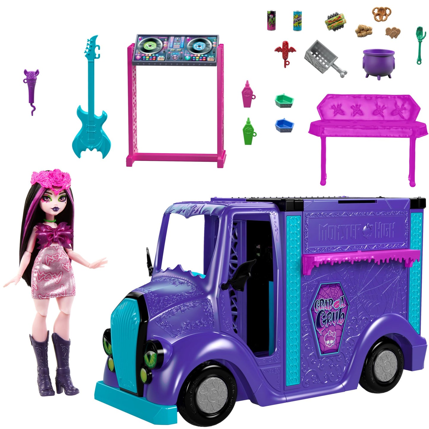 Monster High Draculaura nukk ja mängukomplekt – Fangtastic Rockin’ Food Truck lavaga