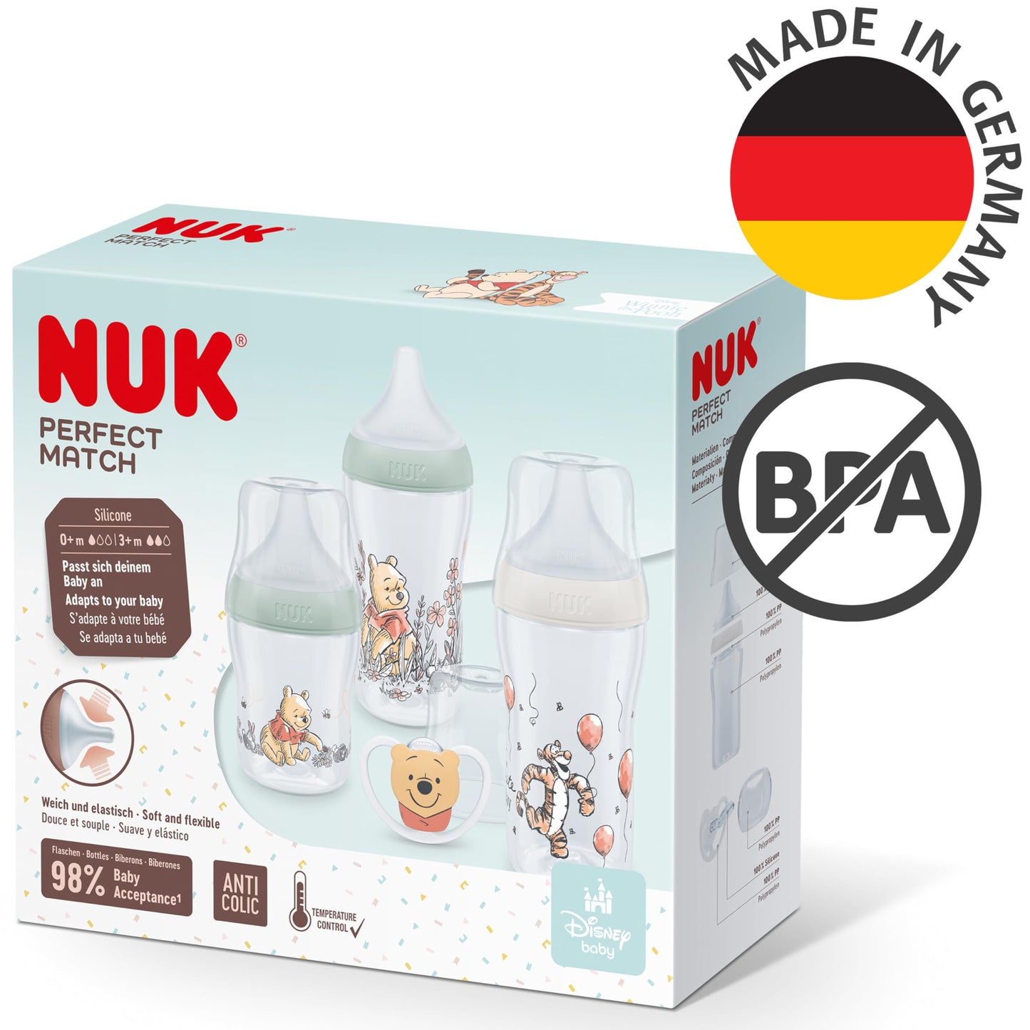 NUK Perfect Match lutipudelite komplekt Winnie the Pooh (Karupoeg Puhh), 4 osa, alates 0 kuust