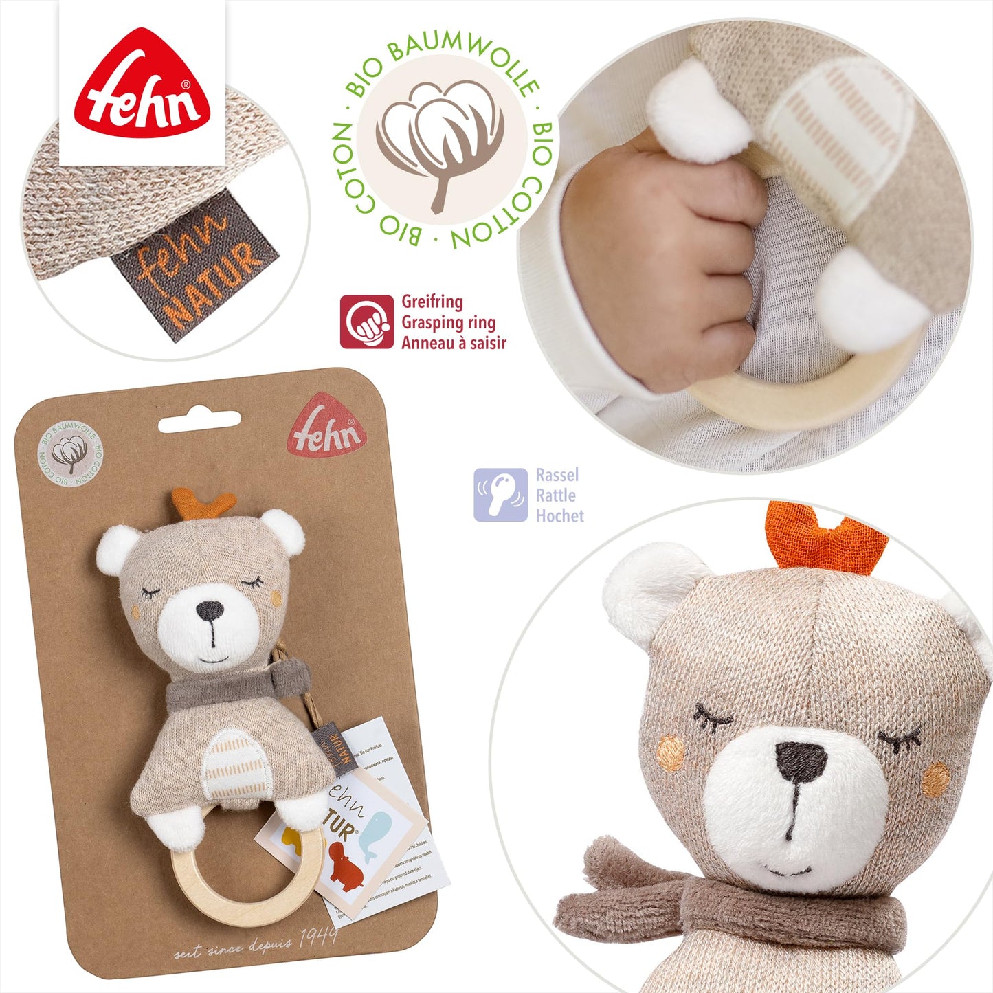 Fehn fehnNATUR puidust haaramislelu Teddy, pruun, alates sünnist