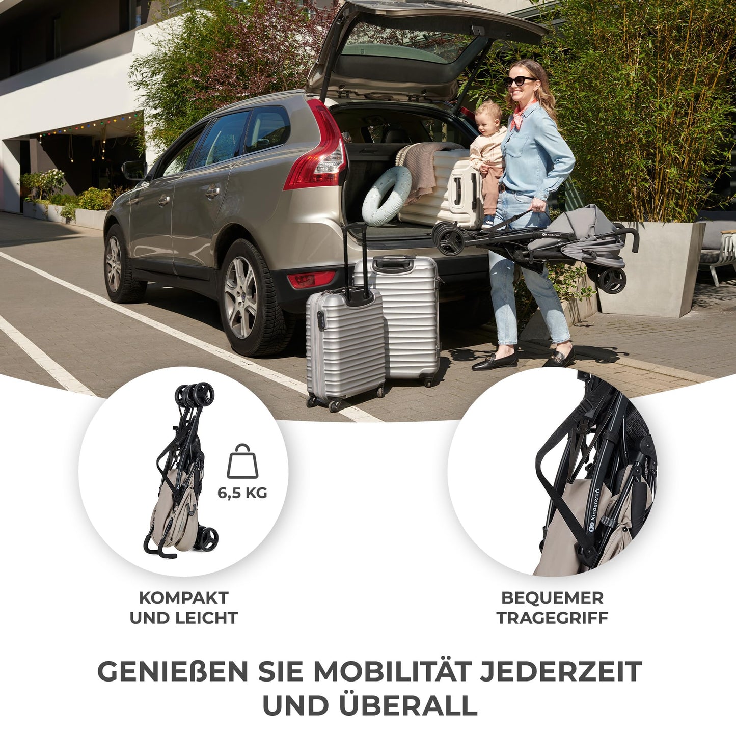 Kinderkraft TIK kergkäru, beež, 6,5 kg, kuni 17 kg, kokkupandav, pöörlevate esiratastega