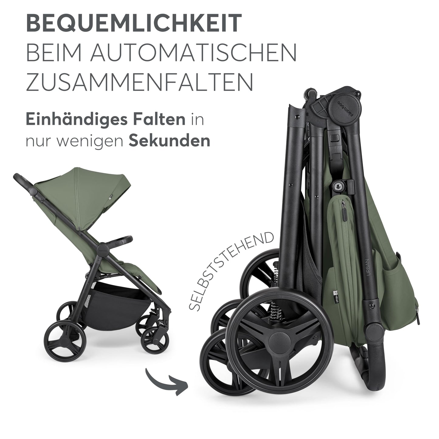 Kikkaboo reisikäru Urban, roheline, alates sünnist kuni 22 kg, kokkupandav, lamamisasendiga