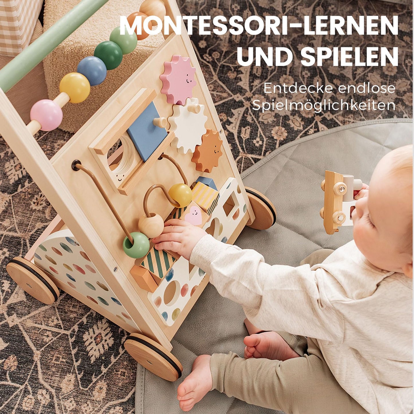Tiny Land puidust käimistugi Baby Walker Set, värviline, reguleeritava kiirusega