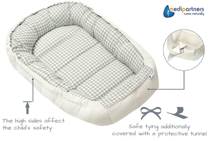 Medi Partners beebipesa 100 × 60 cm – puuvillane kookon, Grid with Olive Waffle