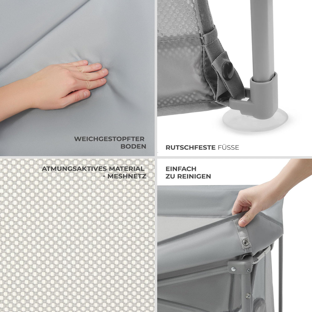 Kinderkraft ZIKI kokoontaitettava leikkikehä kantokassilla, harmaa (Grey), 126,5 × 126,5 cm