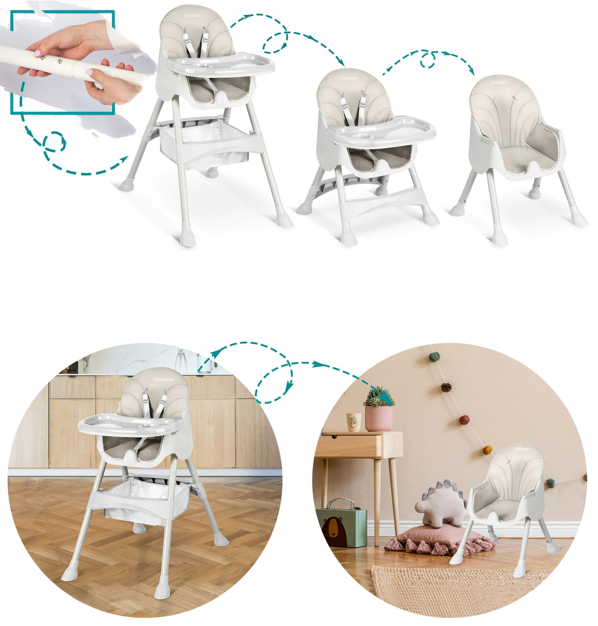 Ricokids syöttötuoli 3in1 6+ kk, kokoontaitettava, korkeussäädettävä, harmaa